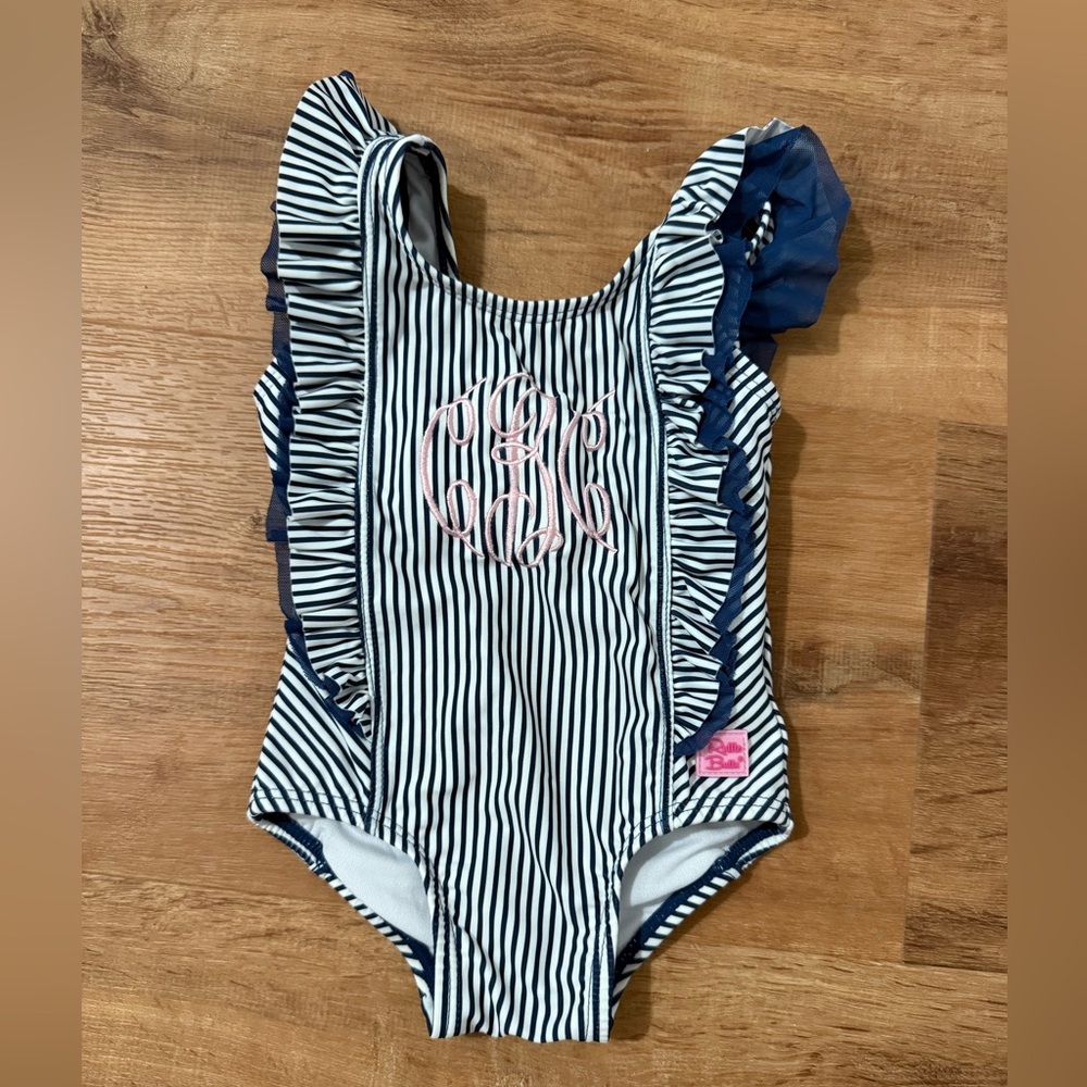 Ruffle Butts “cBc” Monogrammed Navy Striped Girls Bow Swimwear